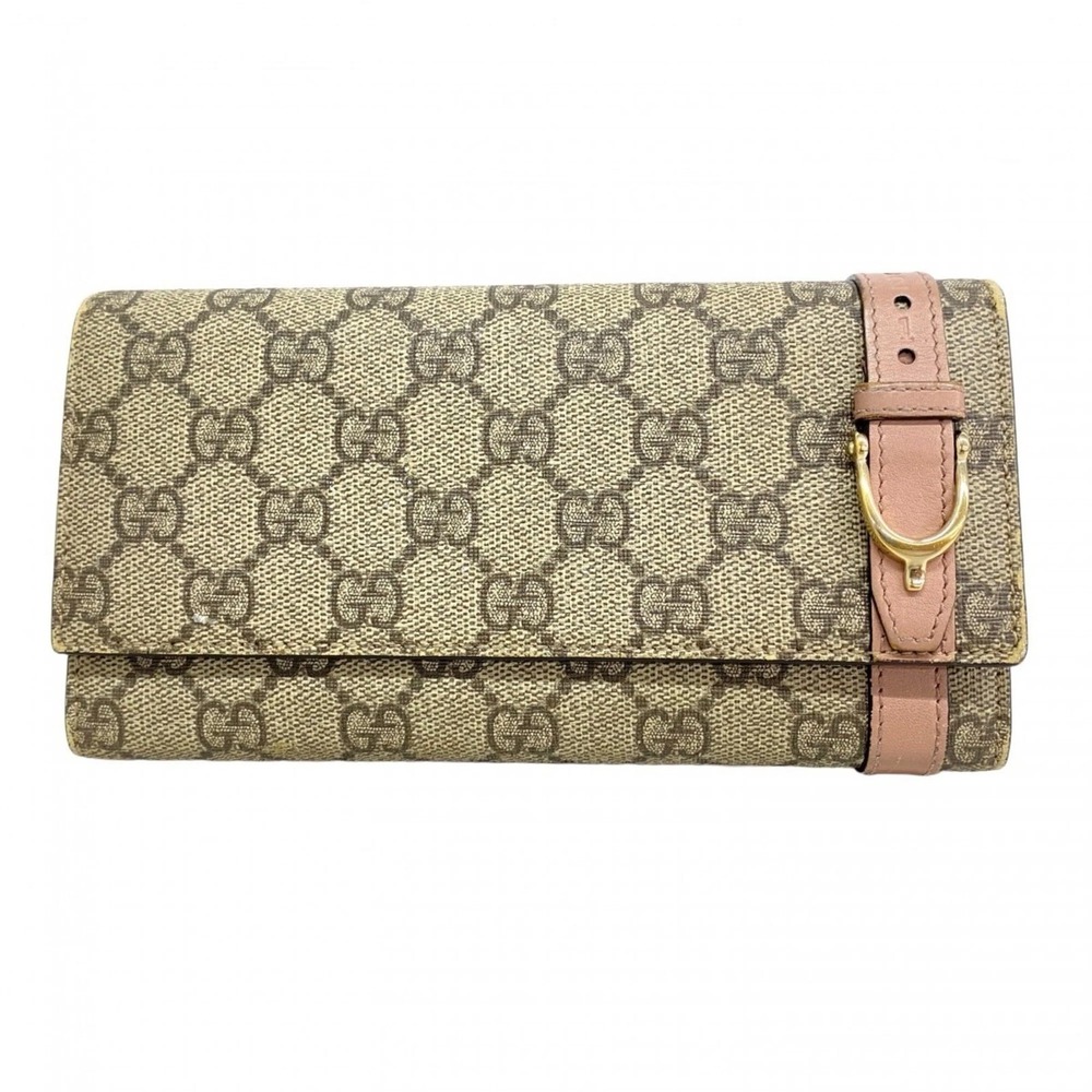 Gucci GG Supreme Canvas Stirrup Continental Wallet Pink Leather Trim Italy